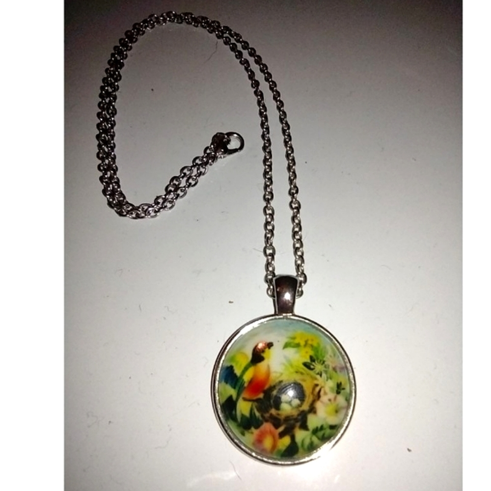 Women's Silver Toned Chain Necklace with Round Bird Nature Scene Pendant